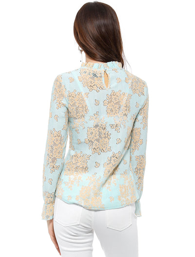 See Through Ruffle Frill Neck Long Sleeve Floral Lace Blouse