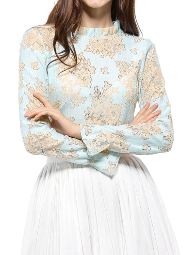 See Through Ruffle Frill Neck Long Sleeve Floral Lace Blouse