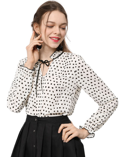 Bow Tie Neck Blouse Ruffled Collar Printed Long Sleeve Vintage Top