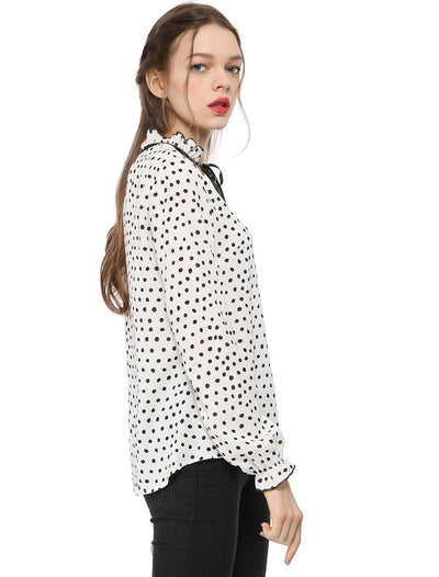 Bow Tie Neck Blouse Ruffled Collar Printed Long Sleeve Vintage Top