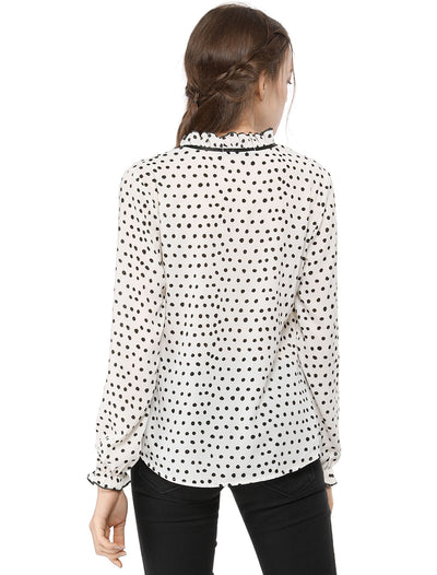 Bow Tie Neck Blouse Ruffled Collar Printed Long Sleeve Vintage Top