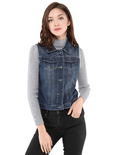 Buttoned Chest Flap Pocket Washed Denim Jacket Vest