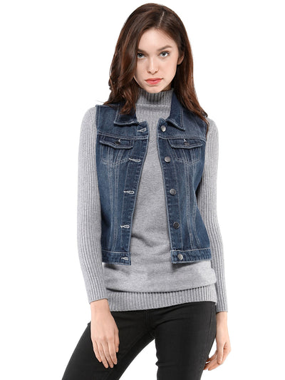 Buttoned Chest Flap Pocket Washed Denim Jacket Vest