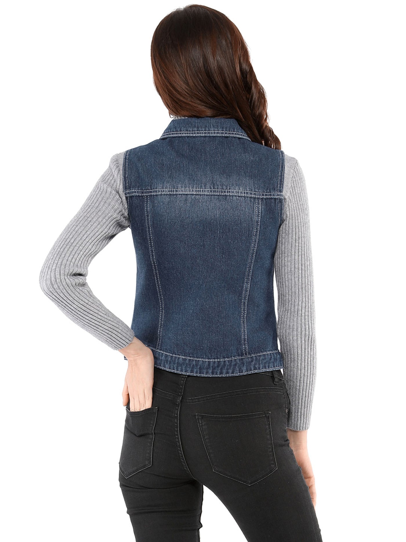 Allegra K Buttoned Chest Flap Pocket Washed Denim Jacket Vest