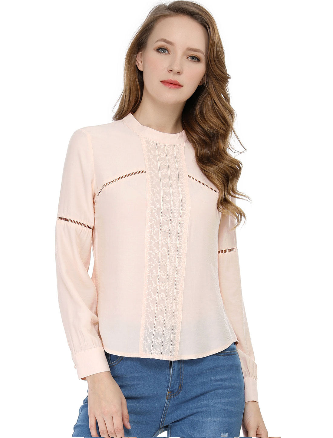 Allegra K Floral Embroidery Long Sleeve Blouse Mock Neck Casual Peasant Top