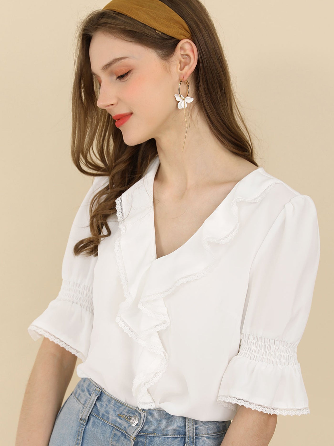 Allegra K Ruffle Puff Sleeve Lace Trim Chiffon Peasant Blouse