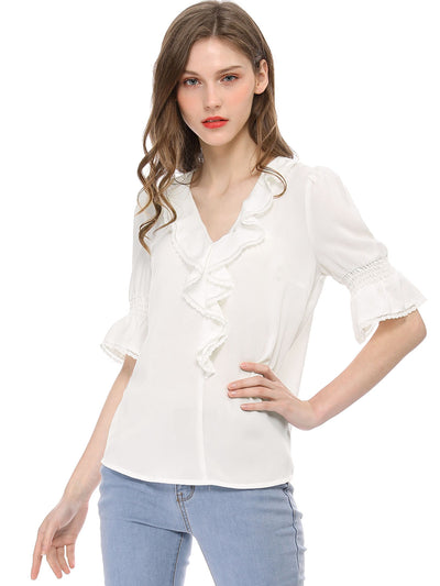 Ruffle Puff Sleeve Lace Trim Chiffon Peasant Blouse