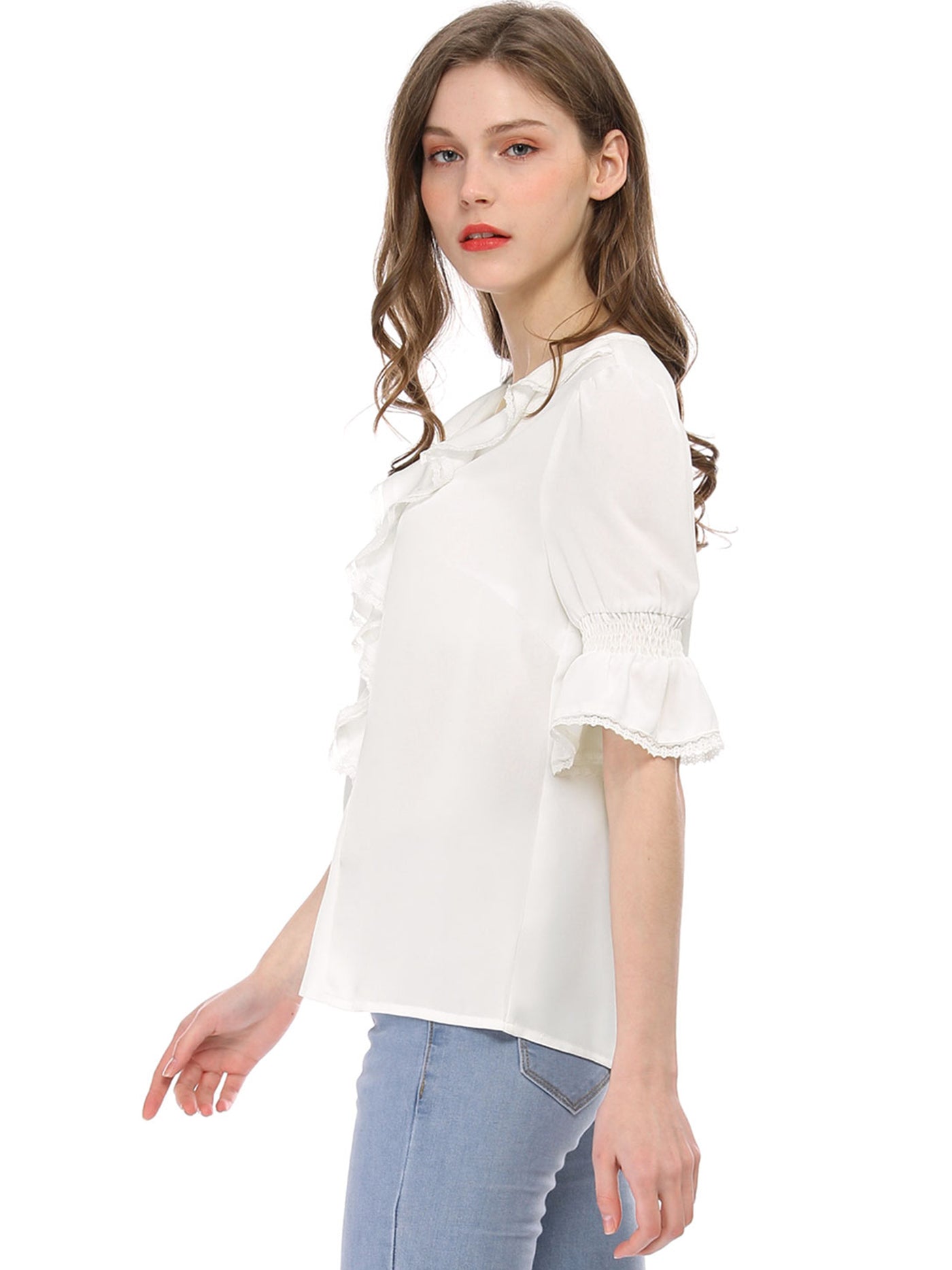 Allegra K Ruffle Puff Sleeve Lace Trim Chiffon Peasant Blouse