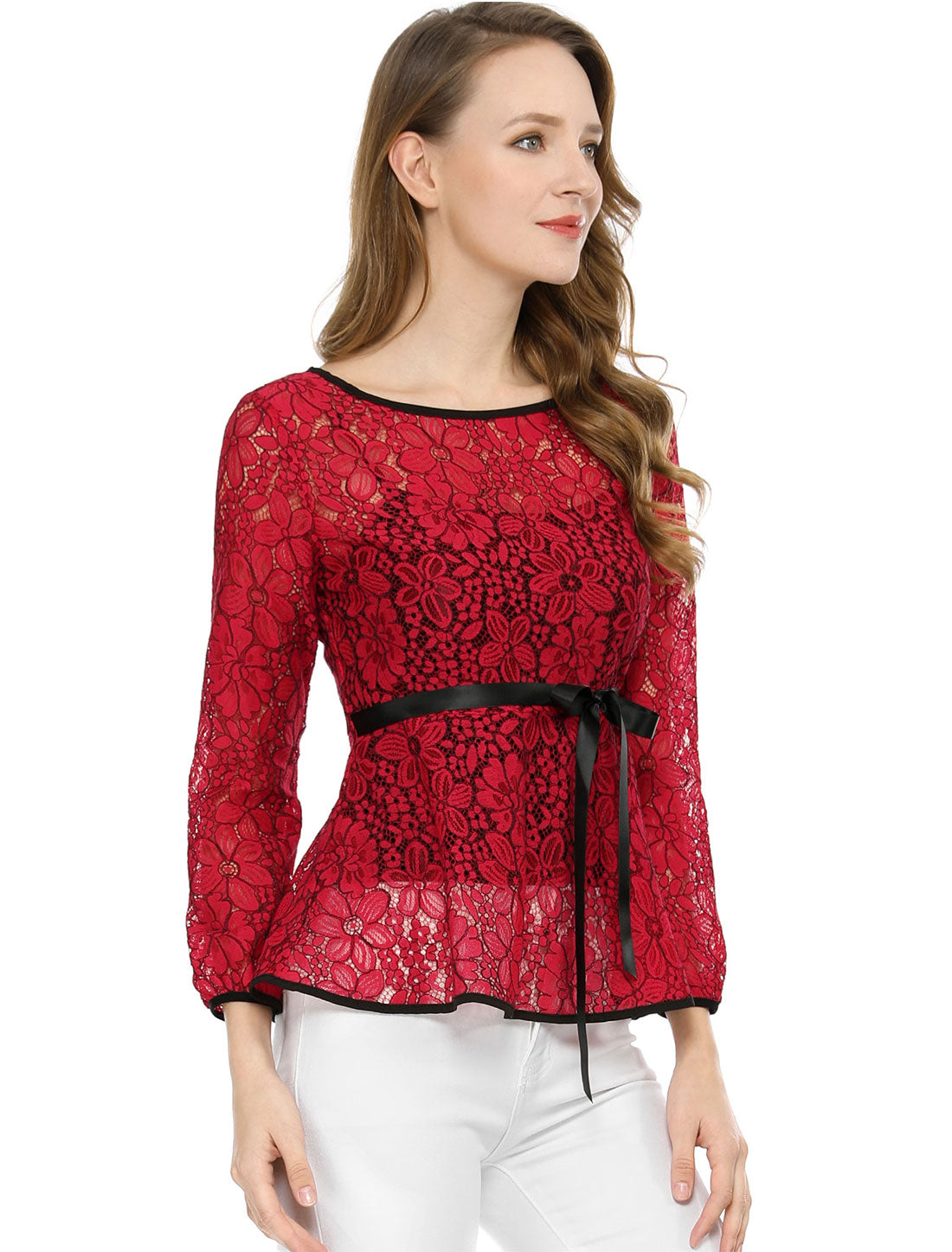 Allegra K Elegant Tie Waist Long Sleeve Top Lace Peplum Blouses