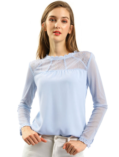 Lace Mesh Long Sleeve Top Round Neck Casual Elegant Blouse