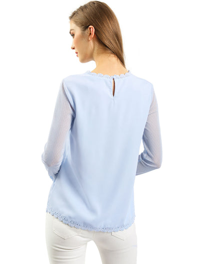 Lace Mesh Long Sleeve Top Round Neck Casual Elegant Blouse