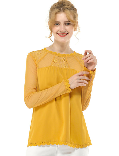 Lace Mesh Long Sleeve Top Round Neck Casual Elegant Blouse