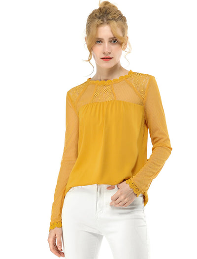 Lace Mesh Long Sleeve Top Round Neck Casual Elegant Blouse