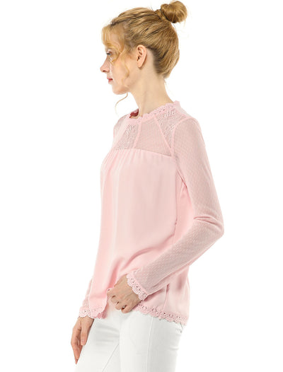 Lace Mesh Long Sleeve Top Round Neck Casual Elegant Blouse