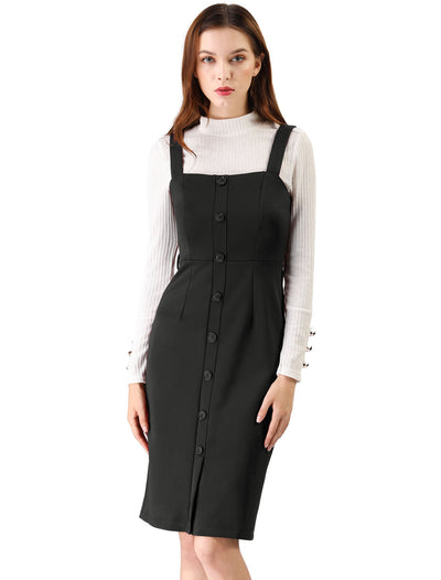 Classic Button Front Sleeveless Tie Waist Pinafore Overall Dress