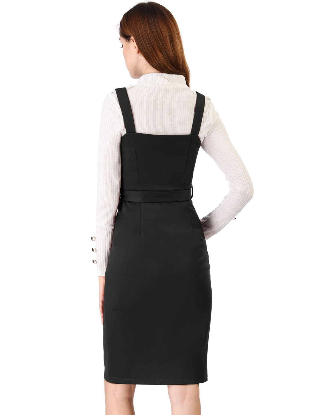 Allegra K Classic Button Front Sleeveless Tie Waist Pinafore Overall Dress