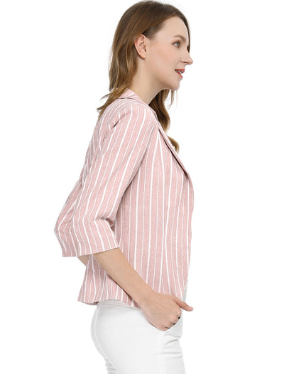 Striped 3/4 Sleeve Open Front Notched Lapel Blazer