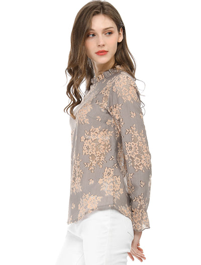 See Through Ruffle Frill Neck Long Sleeve Floral Lace Blouse