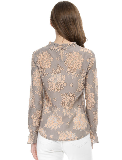 See Through Ruffle Frill Neck Long Sleeve Floral Lace Blouse