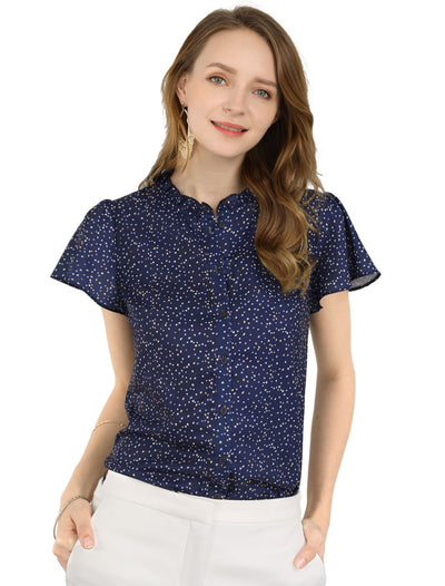 Ruffle Summer Dots Print Retro Short Sleeve Button Blouse