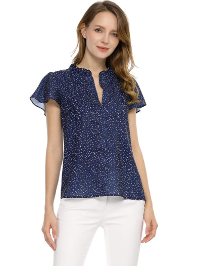 Ruffle Summer Dots Print Retro Short Sleeve Button Blouse