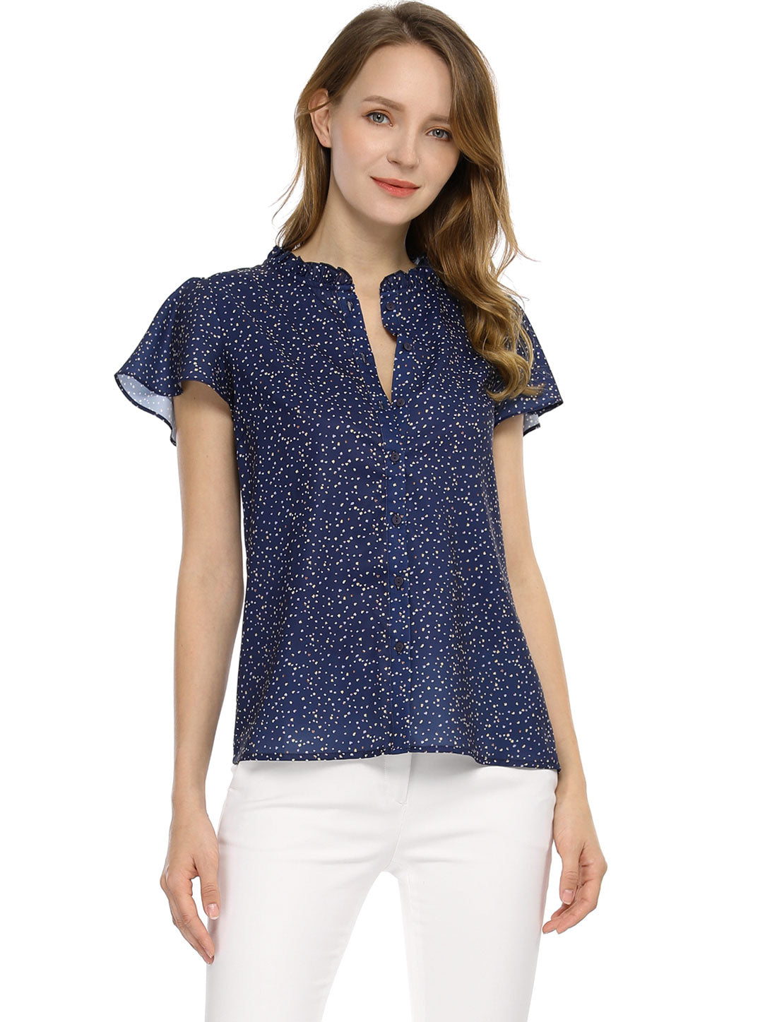 Allegra K Ruffle Summer Dots Print Retro Short Sleeve Button Blouse