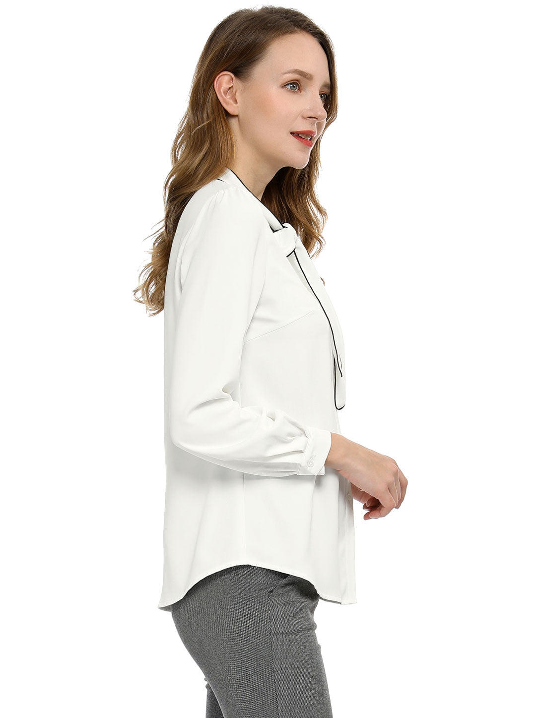 Allegra K Tie Neck Contrast Color Button Down Long Sleeve Shirt