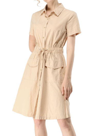 Cotton Button Down Lace-Up Collar Cargo Shirt Dress