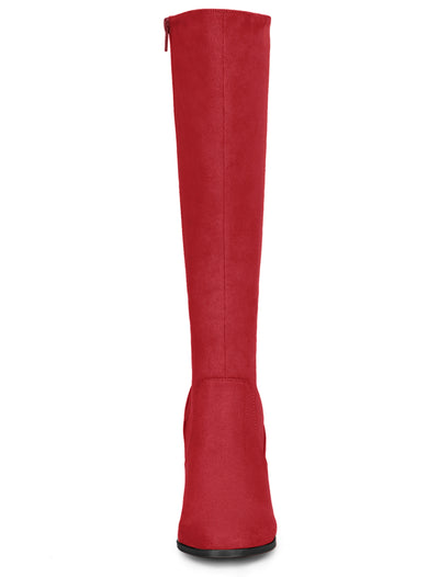 Faux Suede Side Zipper Chunky Heel Knee High Boots