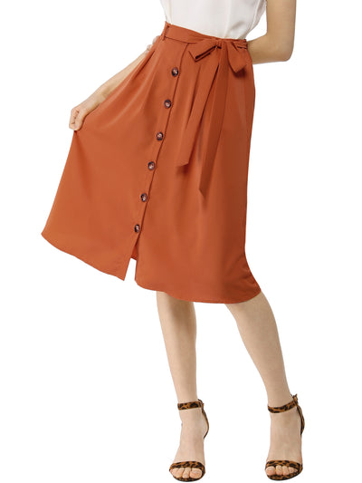 Button Front Casual High Waist Belted Midi Flare Skirt