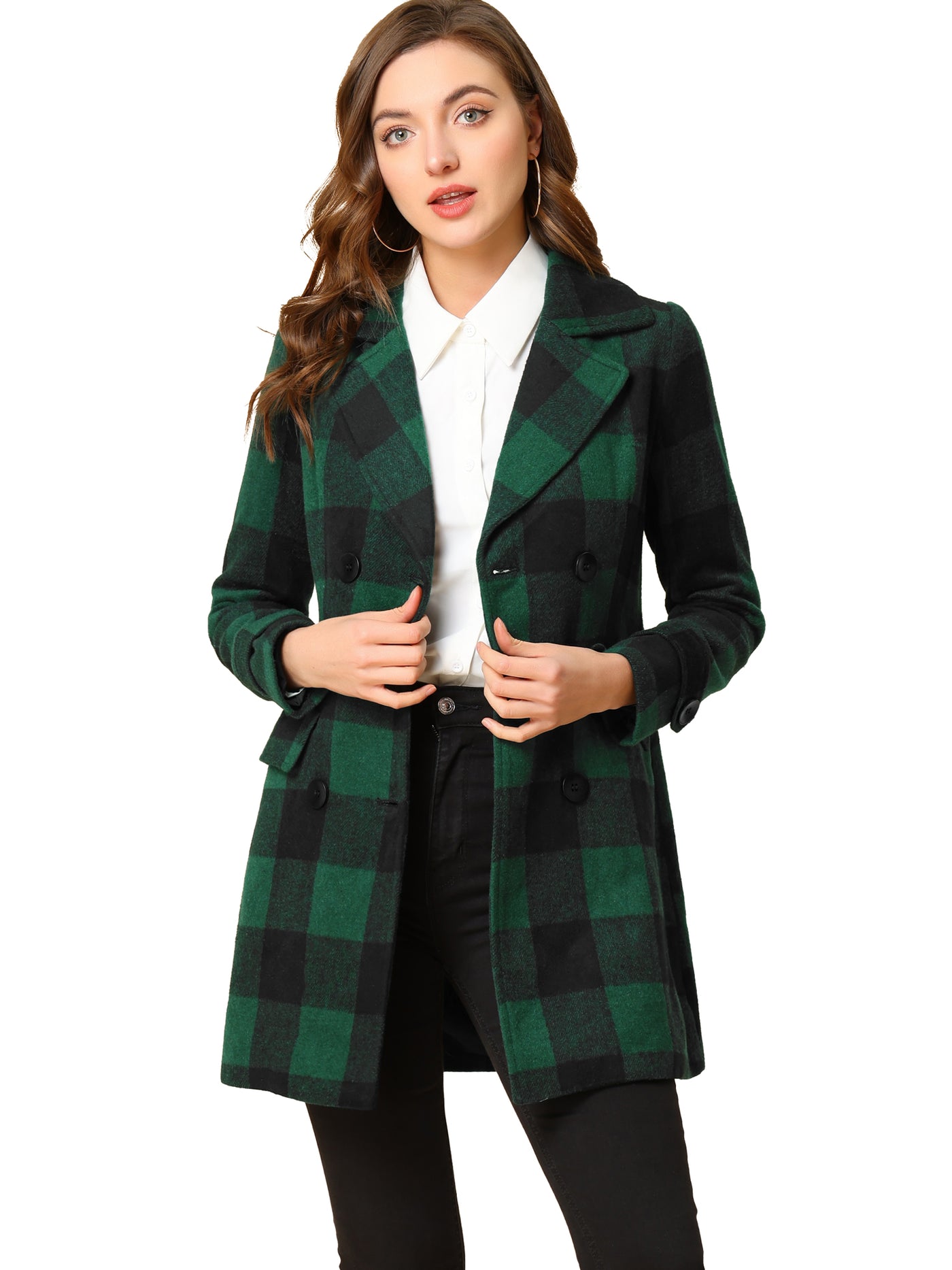 Allegra K Buffalo Checks Double Breasted Notched Lapel Plaid Trench Pea Coat