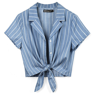 Striped Button Up Lapel Collar Top Short Sleeve Tie Front Crop Shirt