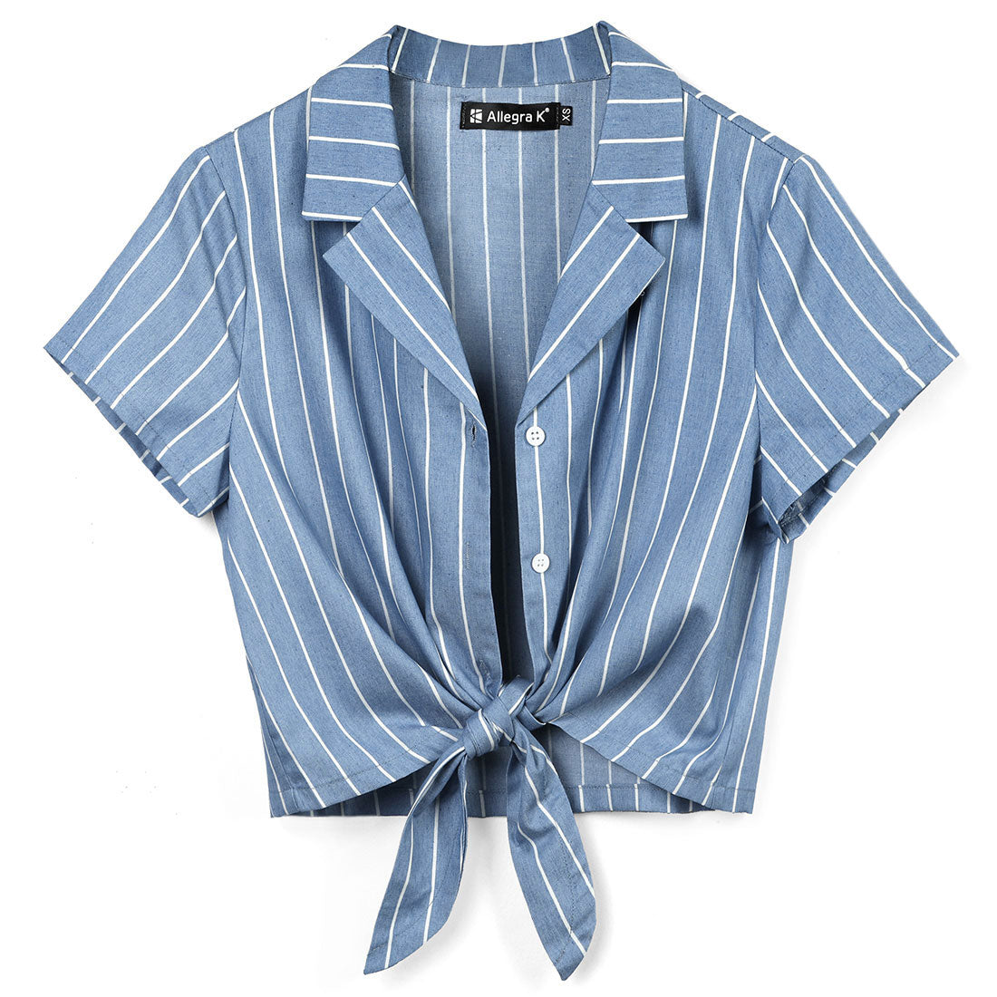 Allegra K Striped Button Up Lapel Collar Top Short Sleeve Tie Front Crop Shirt