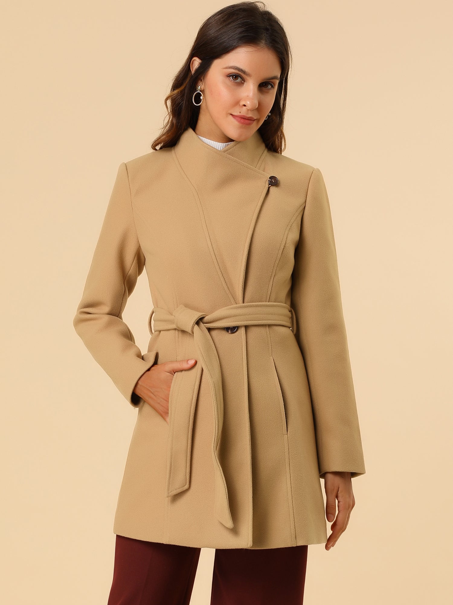 Stand collar cheap camel coat