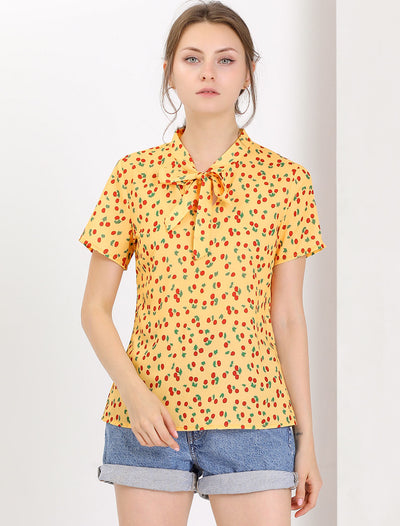 Bow Tie Neck Short Sleeve Printed Chiffon Blouse