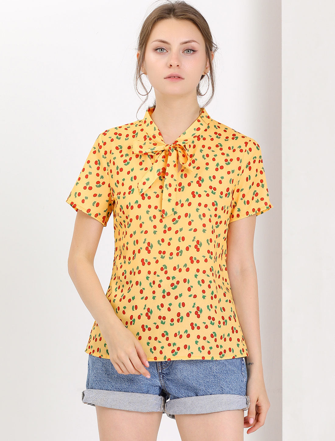 Allegra K Bow Tie Neck Short Sleeve Printed Chiffon Blouse