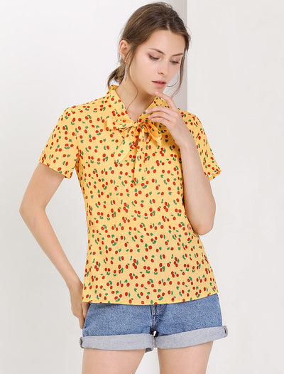 Bow Tie Neck Short Sleeve Printed Chiffon Blouse