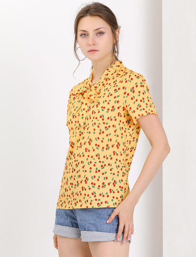 Bow Tie Neck Short Sleeve Printed Chiffon Blouse