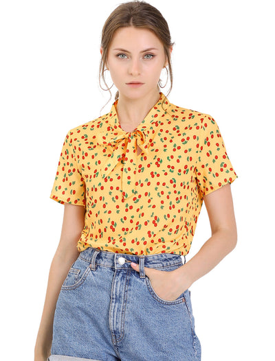 Bow Tie Neck Short Sleeve Printed Chiffon Blouse