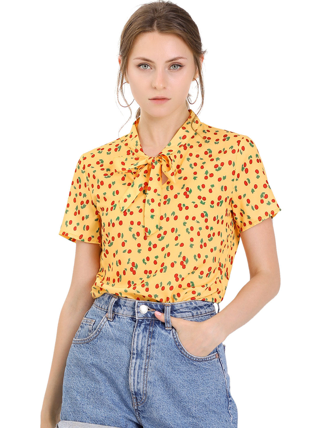 Allegra K Bow Tie Neck Short Sleeve Printed Chiffon Blouse