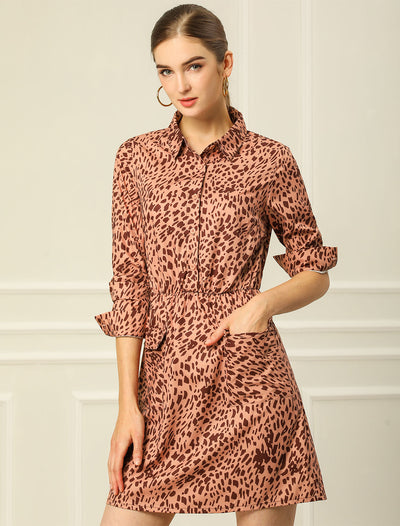 Allegra K Leopard Print Button Flap Pockets Long Sleeve Mini Dress