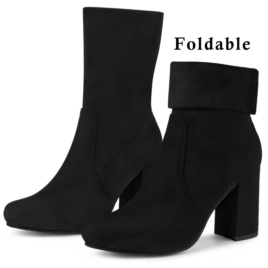 Allegra K Rounded Toe Block Heel Foldable Ankle Boots