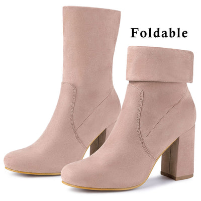 Rounded Toe Block Heel Foldable Ankle Boots