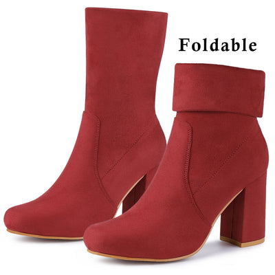 Rounded Toe Block Heel Foldable Ankle Boots