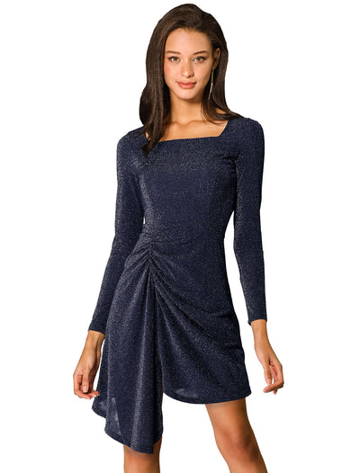 Sparkle Square Neck Long Sleeve Shiny Stretchy Party Glitter Dress