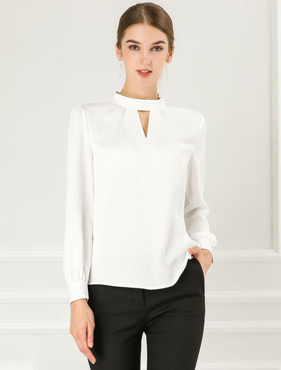 Keyhole Elegant Stand Collar Long Sleeve Chiffon Office Blouse