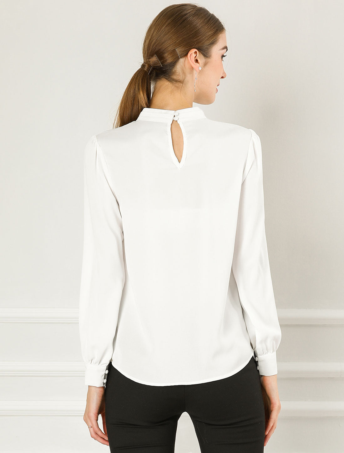 Allegra K Keyhole Elegant Stand Collar Long Sleeve Chiffon Office Blouse