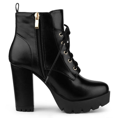 Round Toe Chunky Heel Lace Up Platform Boots