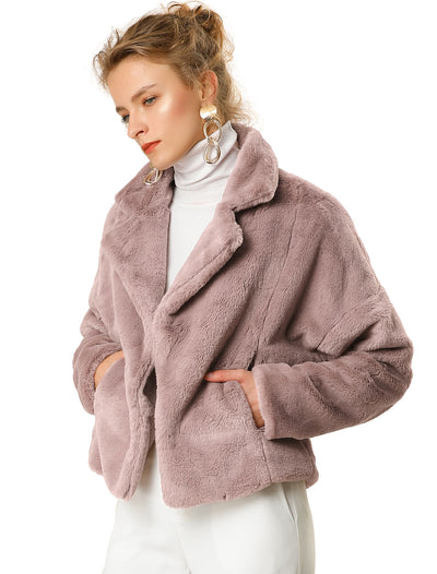 Allegra K Cropped Jacket Notch Lapel Faux Fur Fluffy Coat