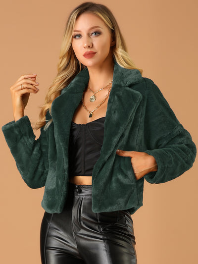 Allegra K Cropped Jacket Notch Lapel Faux Fur Fluffy Coat